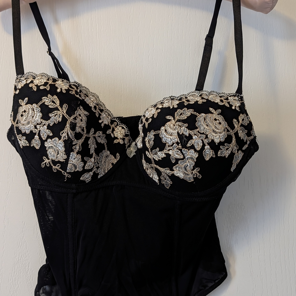 Victoria's Secret Black With Gold & Cream Embroidery Corset and Bikini Panties